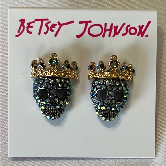 Betsey Johnson Blue and Gold Skull Crown Earrings NWT - Picture 1 of 5